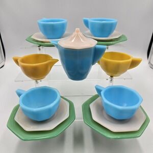Antique Akro Agate Play Time 16 Piece Gypsy Slag Glass Children Tea Set Complete